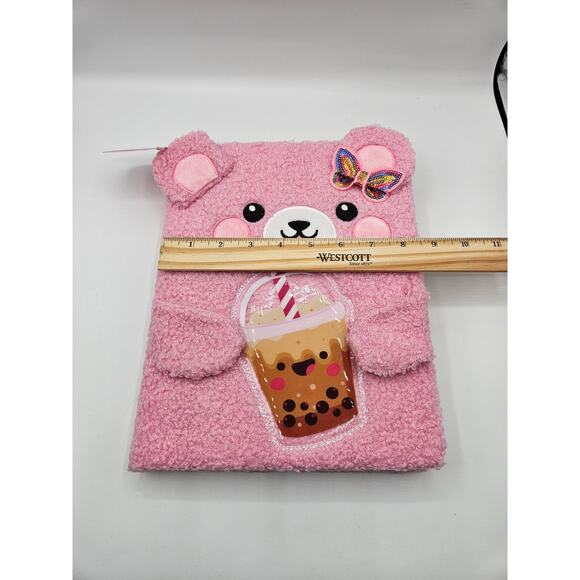 Fuzzy Sketch Book Notebook Journal Blank Pages Pink Bear‎ Bow Drink NWT - Picture 2 of 6